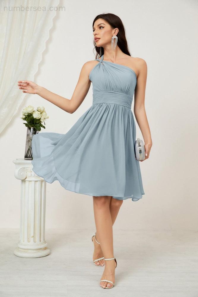 Numbersea Damen Chiffon Kurzes Ein-Schulter Brautjungfernkleid Festliche Kleider für Feier Heimkehr 2804