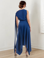 Asymmetrical Tea Length Mother Of The Bride Sheath Dress With Ruched Jewel Neck