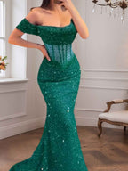 Mermaid Off Shoulder Sequin Prom Dress With Cutout Bodice