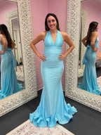 Light Blue Mermaid Prom Dress With Halter Neckline Backless
