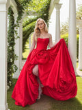 Black Rhinestone Strapless Satin Prom Dress With High Slit