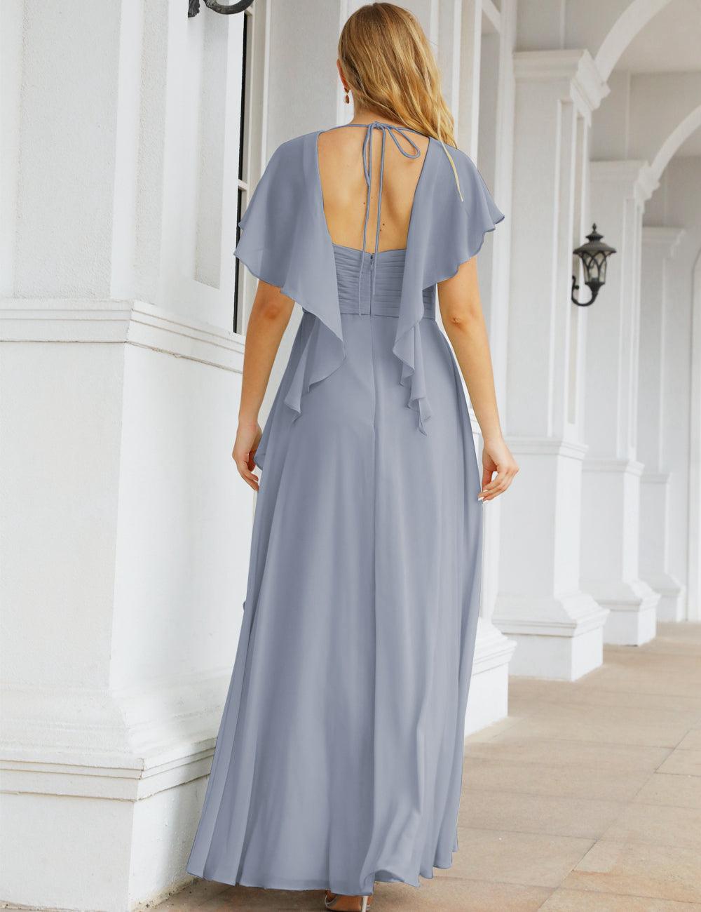 فساتين وصيفات الشرف من الشيفون فساتين سهرة طويلة رسمية فستان أم العروس بأكمام مرفرفة     SEA28040