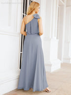 Robe de mariée longue asymétrique en mousseline à volants, sans manches et fendue sur le côté, modèle 28057