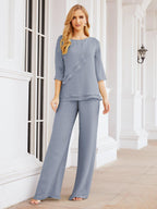 Robe de mariée élégante pour la mère de la mariée en deux pièces, tailleur pantalon grande taille à volants superposés, peignoir argenté 28064