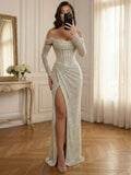 Silver Sequin Off Shoulder Long Sleeves Corset Prom Dress With Slit