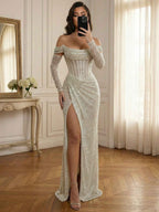 Silver Sequin Off Shoulder Long Sleeves Corset Prom Dress With Slit