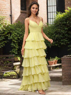 Yellow A Line V Neck Ruffled Tiered Chiffon Prom Dress With Slit