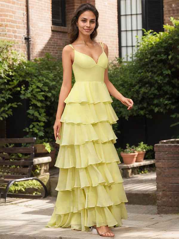 Yellow A Line V Neck Ruffled Tiered Chiffon Prom Dress With Slit