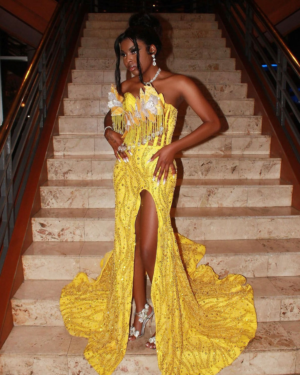 Golden Sunflower Off Shoulder Evening Gown White Floral Appliques Crystal Fringe
