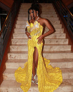 Golden Sunflower Off Shoulder Evening Gown White Floral Appliques Crystal Fringe