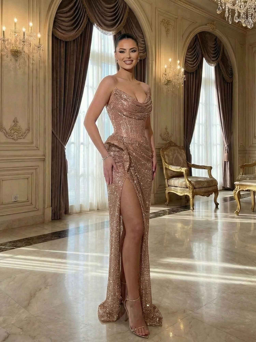 Champagne Gold Crystal Embellished Corset Prom Dress With Slit