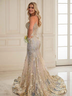 Trumpet Mermaid Long Prom Dress Spaghetti Straps Sparkly Sequin Lace Applique