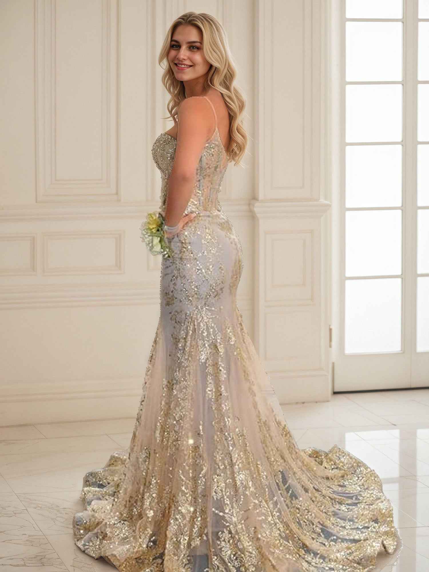 Trumpet Mermaid Long Prom Dress Spaghetti Straps Sparkly Sequin Lace Applique