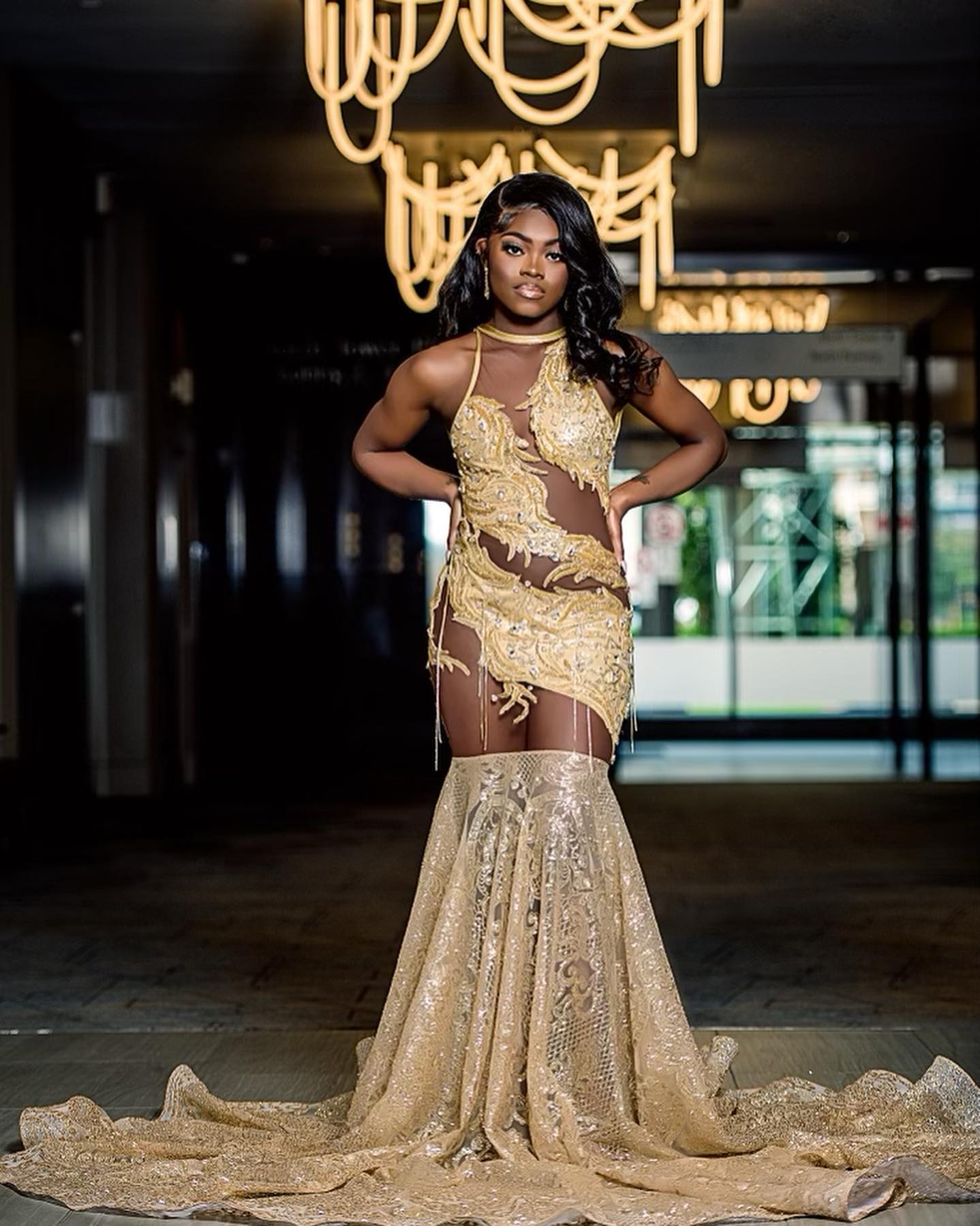 Champagne Gold Mermaid Prom Dress With Illusion Cutouts And Sequin Train