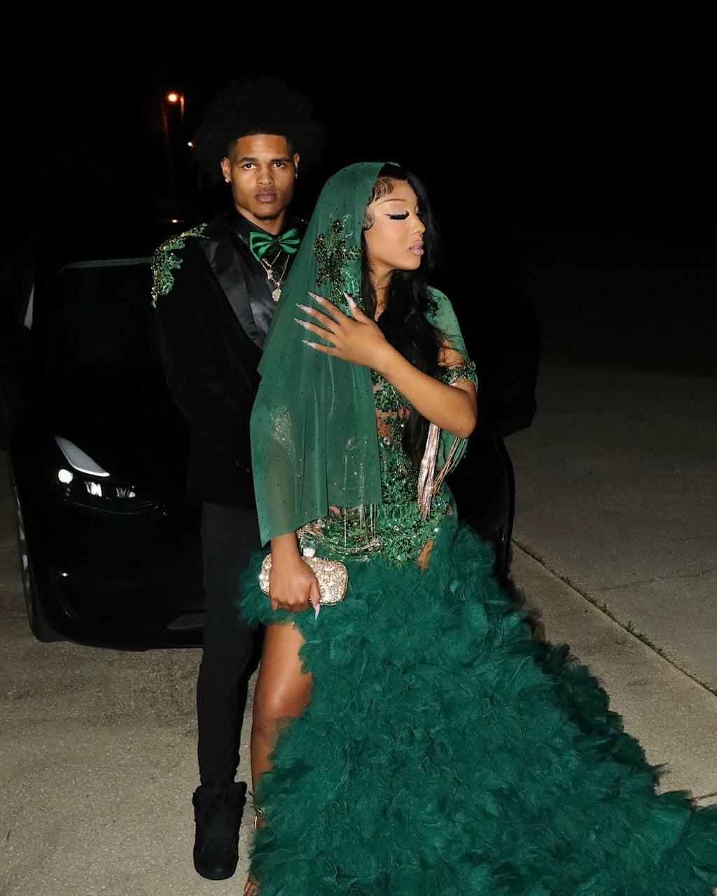 Emerald Green Hooded Prom Dress For Black Girls Sparkly Bodice Tulle Train