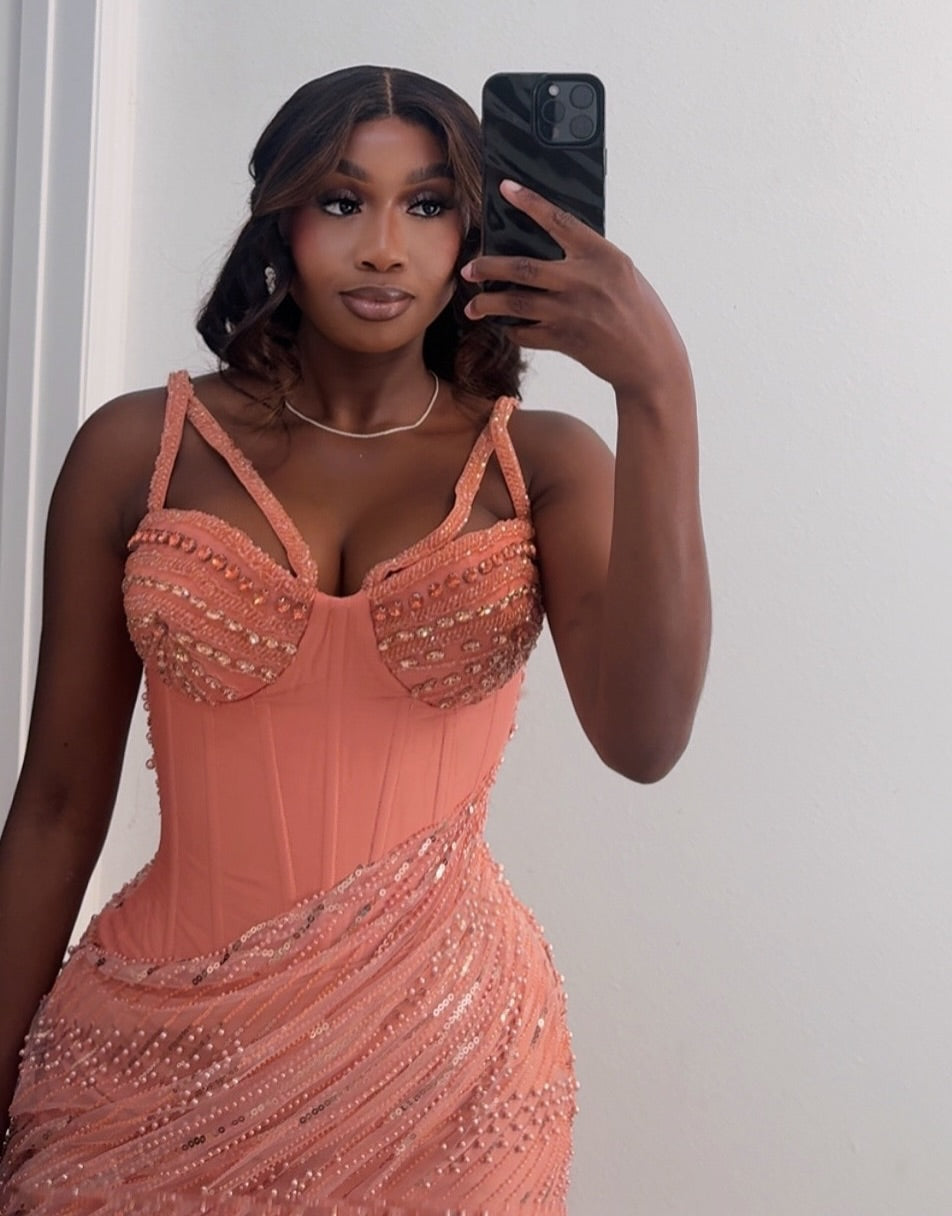 Peach Sorbet Sculptural Corset Mermaid Prom Dress With Pearl Beading
