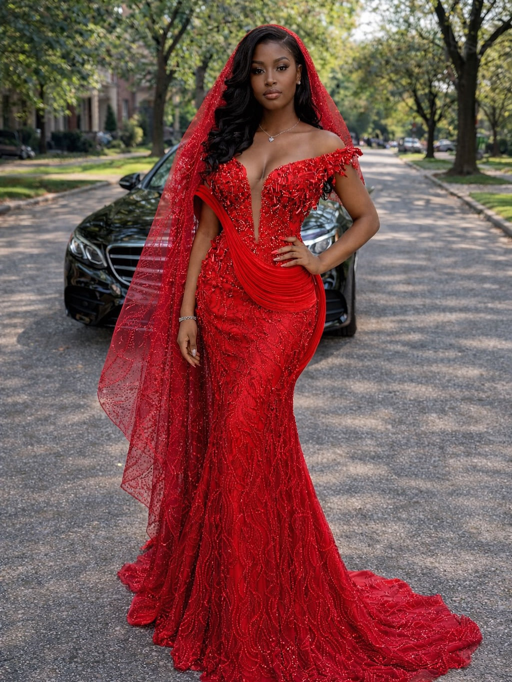 Scarlet Empress 3D Sculptural Beaded Mermaid Gown In Power Red