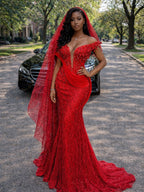 Scarlet Empress 3D Sculptural Beaded Mermaid Gown In Power Red