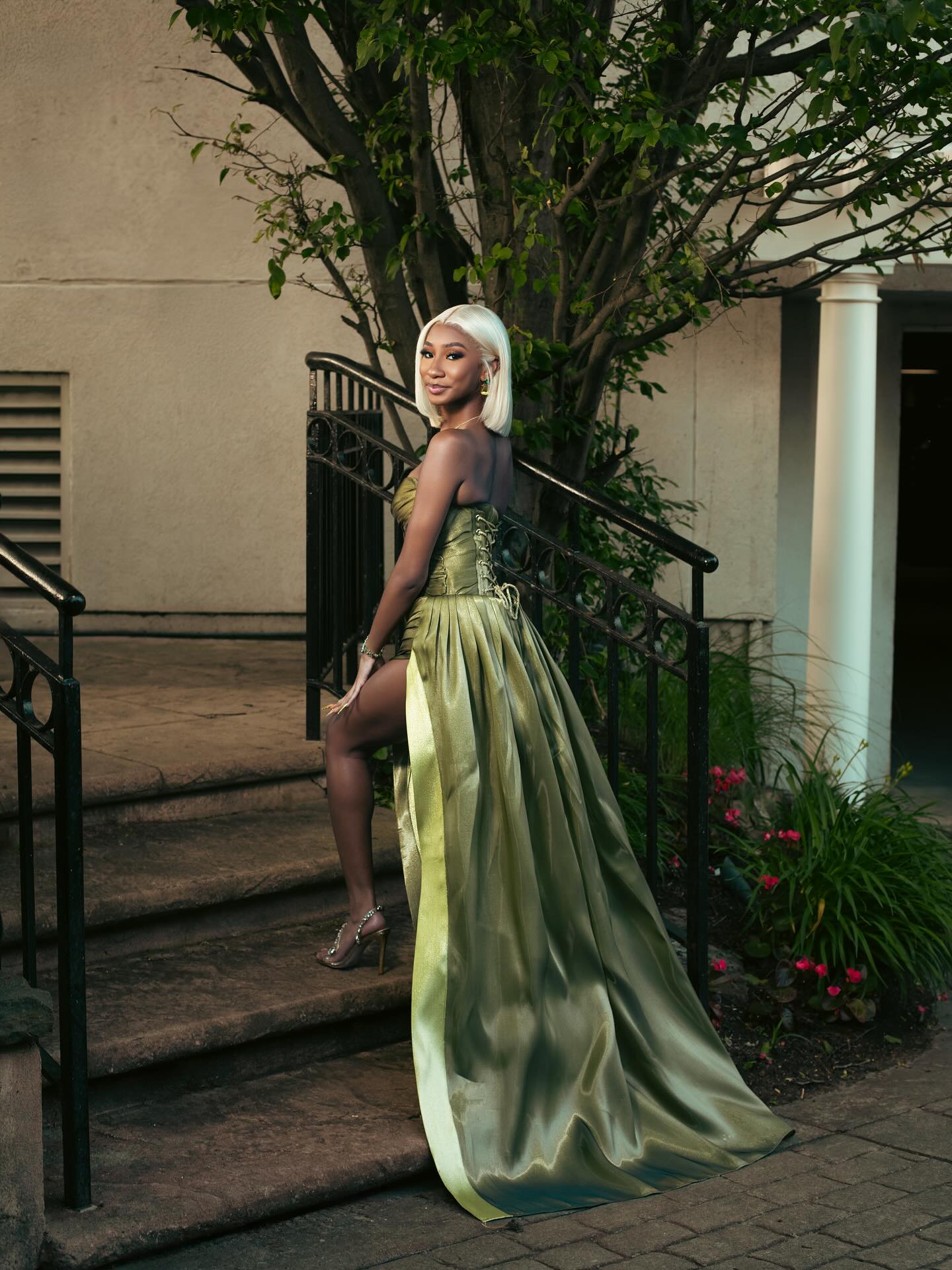 Olive Green Shimmer Prom Dress Goddess Style Ruched Bodice High Slit