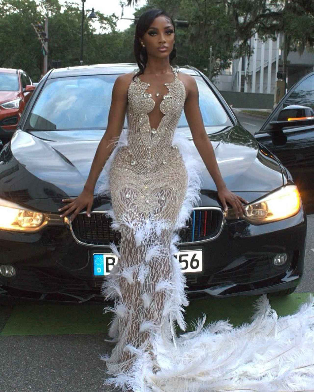 White Angel Crystal Beaded Mermaid Evening Gown With Plunging V Neck Open Back