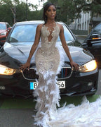 White Angel Crystal Beaded Mermaid Evening Gown With Plunging V Neck Open Back