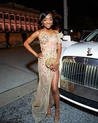 Golden Siren Champagne Gold Crystal Mermaid Gown Off Shoulder Bodice High Slit
