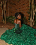 Emerald Forest Royale Sequin Mermaid Gown With Corset Back Cloud Ruffle Train