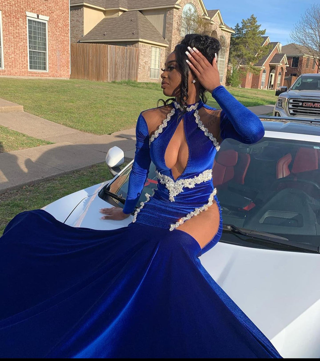 Sapphire Siren Royal Blue Velvet Mermaid Gown Crystal Vine Trim Illusion Cutouts