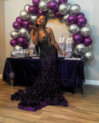 Midnight Amethyst Ombré Mermaid Gown Black Filigree Lace Purple Sequin Train