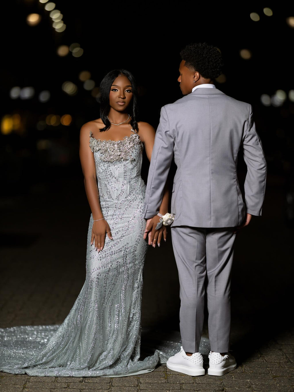 Silver Strapless Mermaid Prom Dress With Sequin Beaded Crystal Floral Bodice