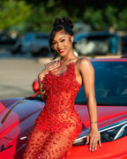 Red Sheer Illusion Beaded Mermaid Prom Dress With 3D Florals