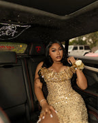 Luxury 24K Gold Sequin Prom Dress Sculptural 3D Floral Neckline Mermaid Gown