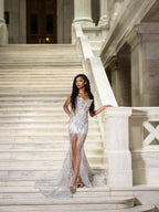 Silver Feather Crystal Beaded Illusion Evening Gown Sweetheart Neckline High Slit