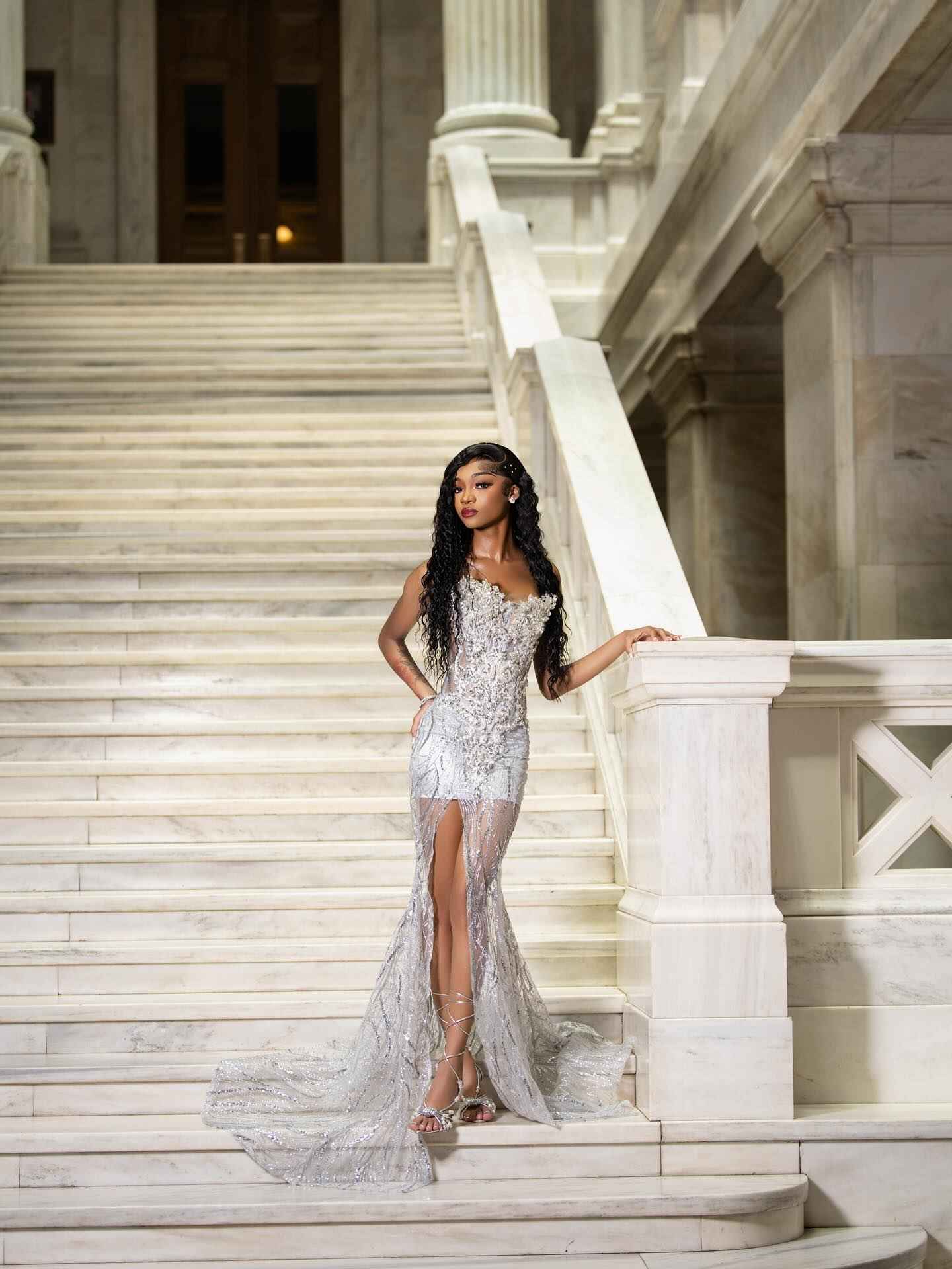 Silver Feather Crystal Beaded Illusion Evening Gown Sweetheart Neckline High Slit