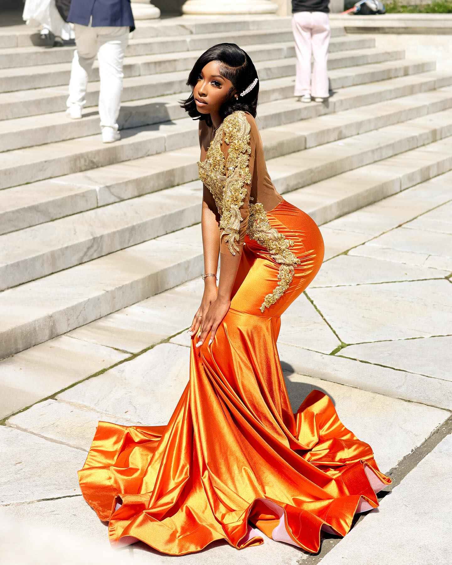 Orange Ombre Satin Mermaid Gown One Shoulder Lace Appliques Illusion Bodice