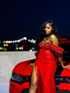 Red Off Shoulder Sequin Beaded Mermaid Prom Dress With Crystal Fringe