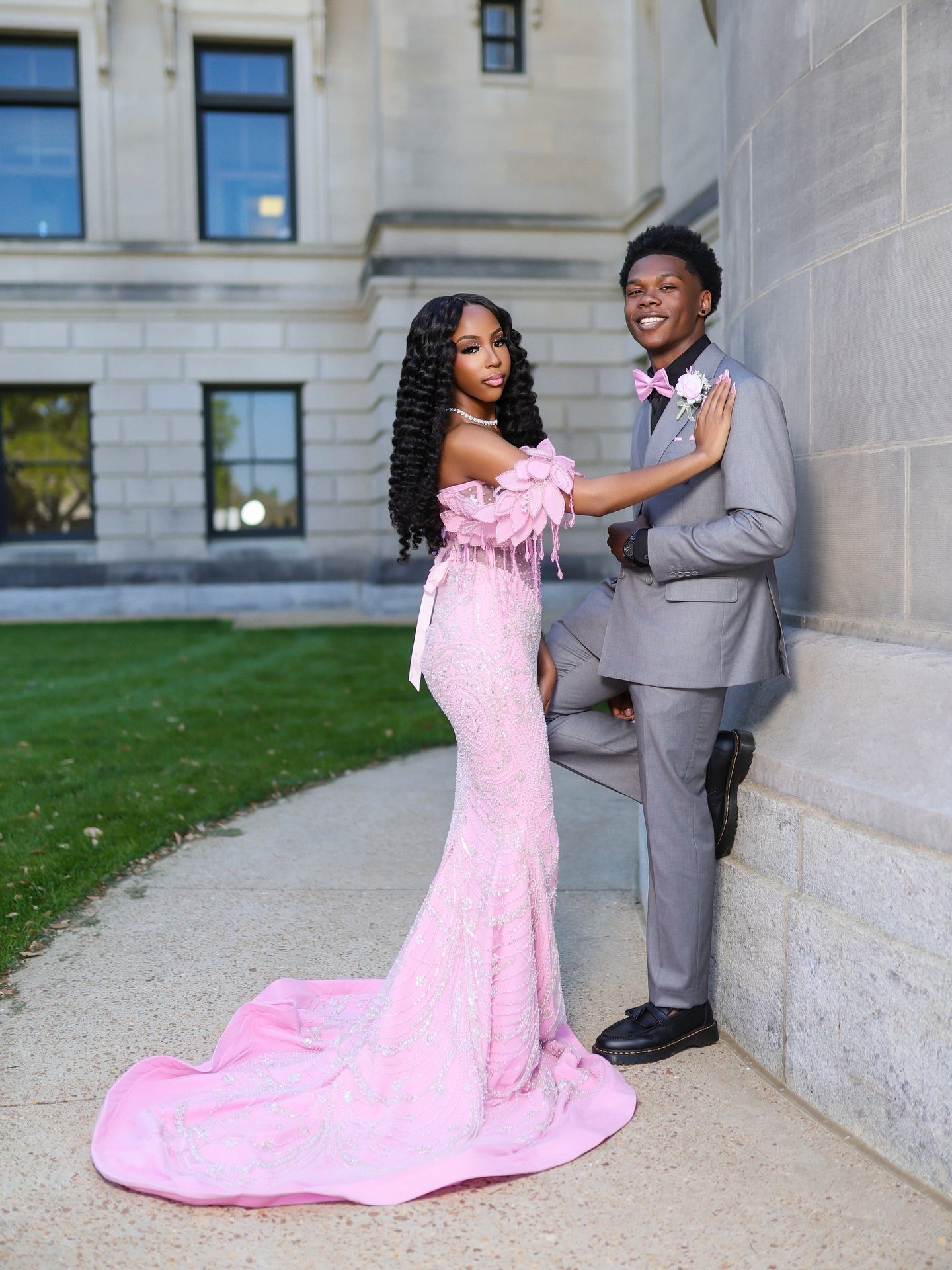 Pink Off Shoulder Sequin Beaded Mermaid Prom Dress With 3D Floral Details