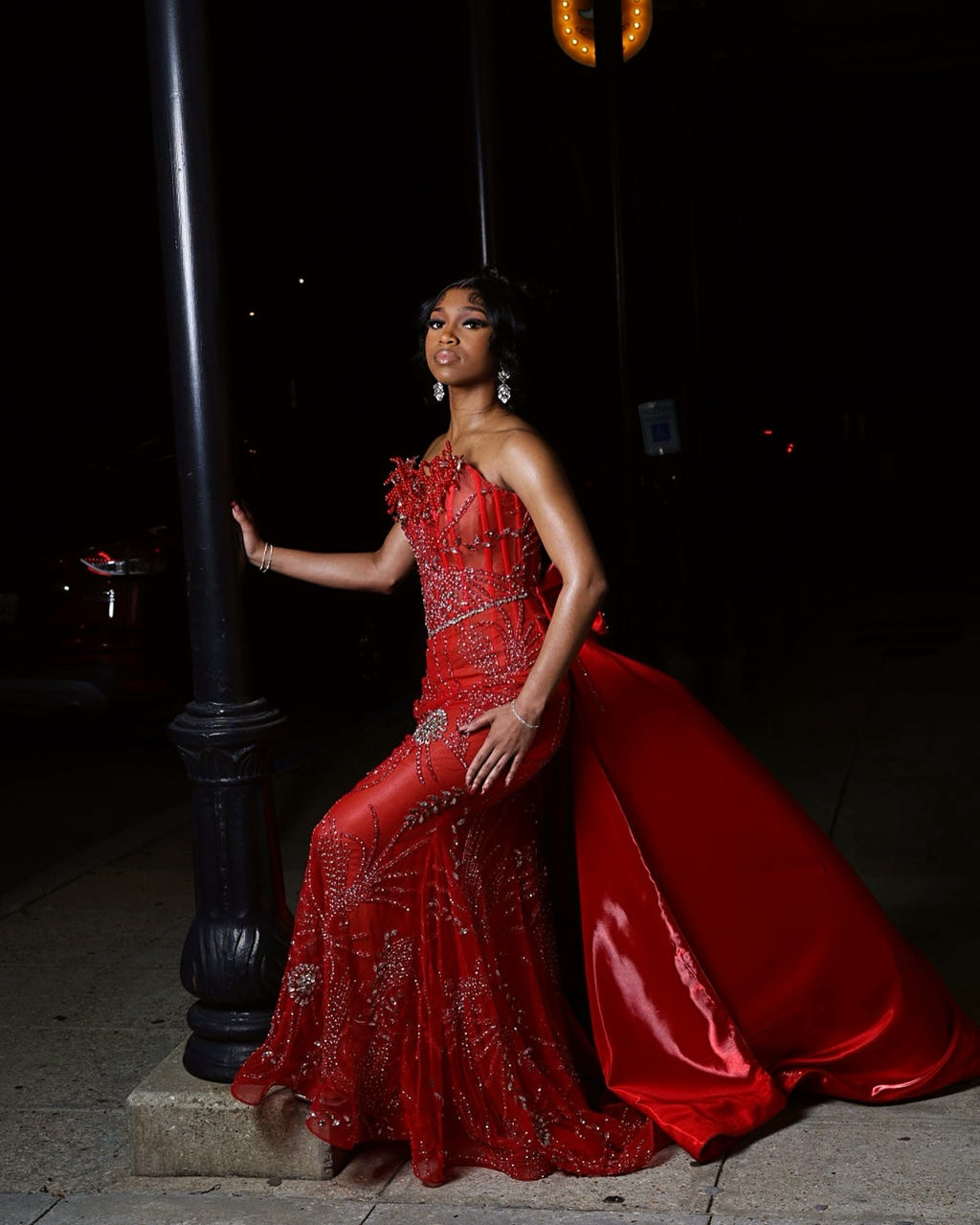 Red Mermaid Prom Dress With Detachable Satin Overskirt 3D Floral Beaded Corset