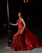 Red Mermaid Prom Dress With Detachable Satin Overskirt 3D Floral Beaded Corset