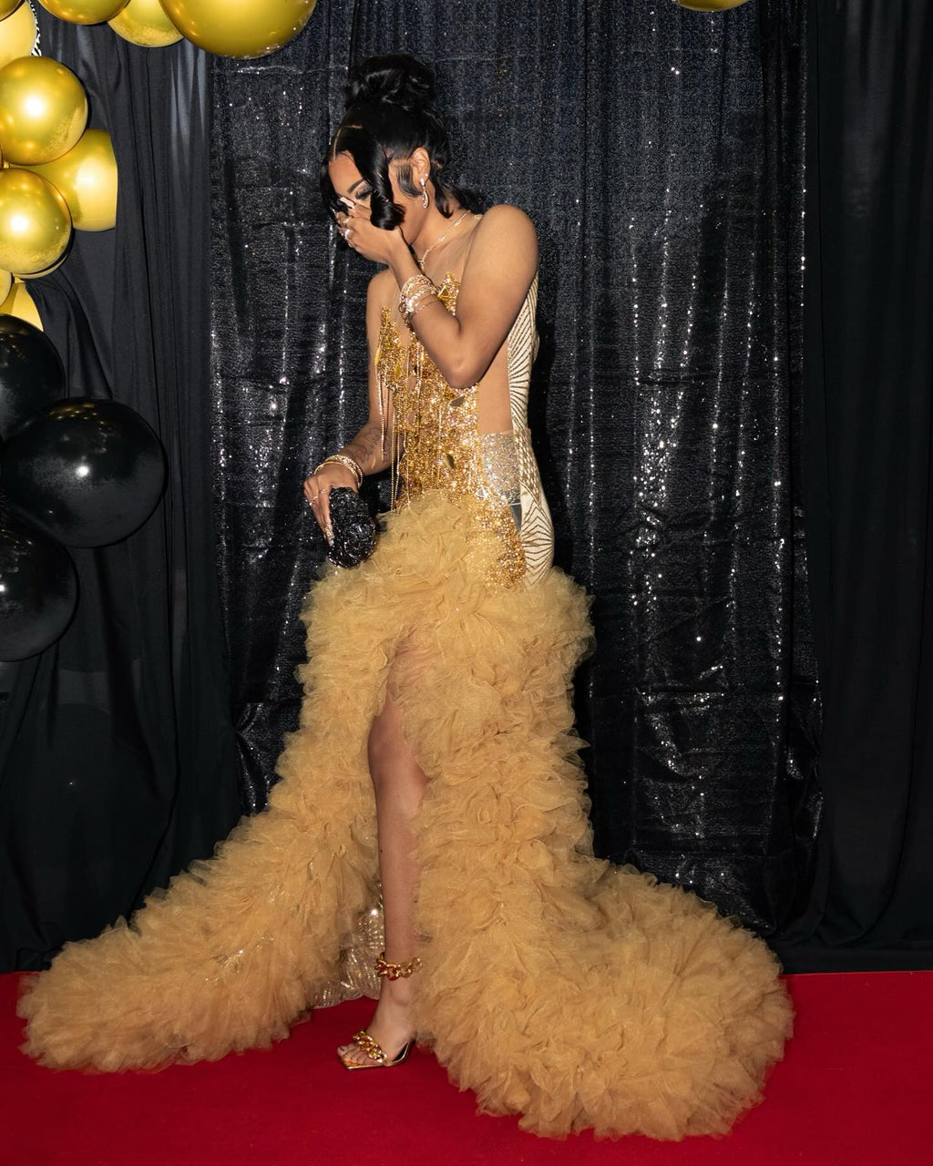 24K Goddess Gold Crystal Mermaid Prom Dress Illusion Bodice Ruffled Tulle 2026