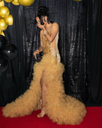 24K Goddess Gold Crystal Mermaid Prom Dress Illusion Bodice Ruffled Tulle 2026
