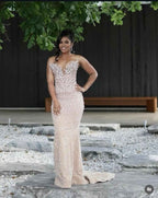 Champagne Beaded Mermaid Prom Dress With Crystal Embellishments Floral Appliques