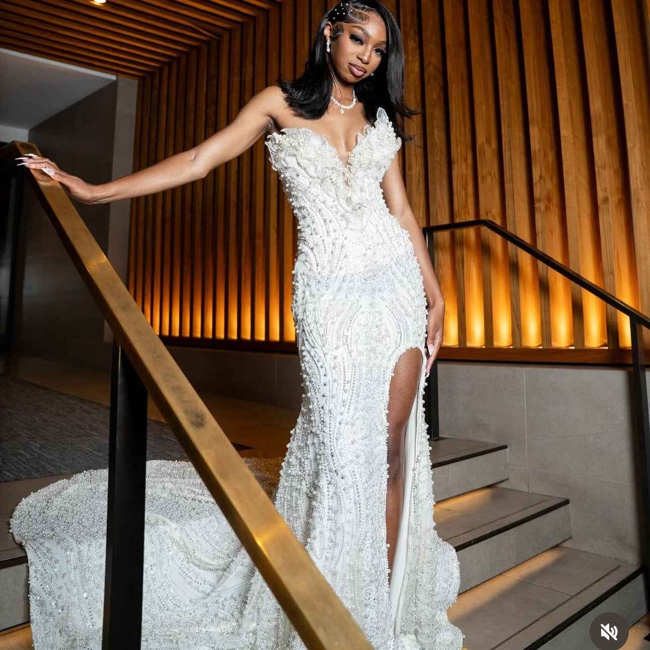 White Enchantment Beaded Floral Mermaid Prom Dress With Crystal Details