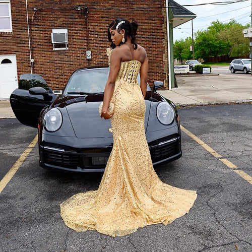 24K Gold Sequined Corset Mermaid Prom Dress With 3D Florals