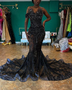 Black Beaded Mermaid Prom Dress With 3D Floral Appliques And Ruffle Train