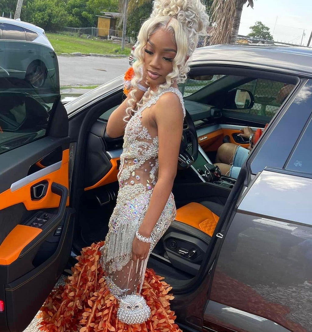 Orange Flame Crystal Beaded Mermaid Prom Dress With Massive 3D Petal Train