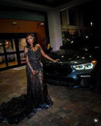 Black Beaded Mermaid Prom Dress With 3D Floral Appliques And Ruffle Train