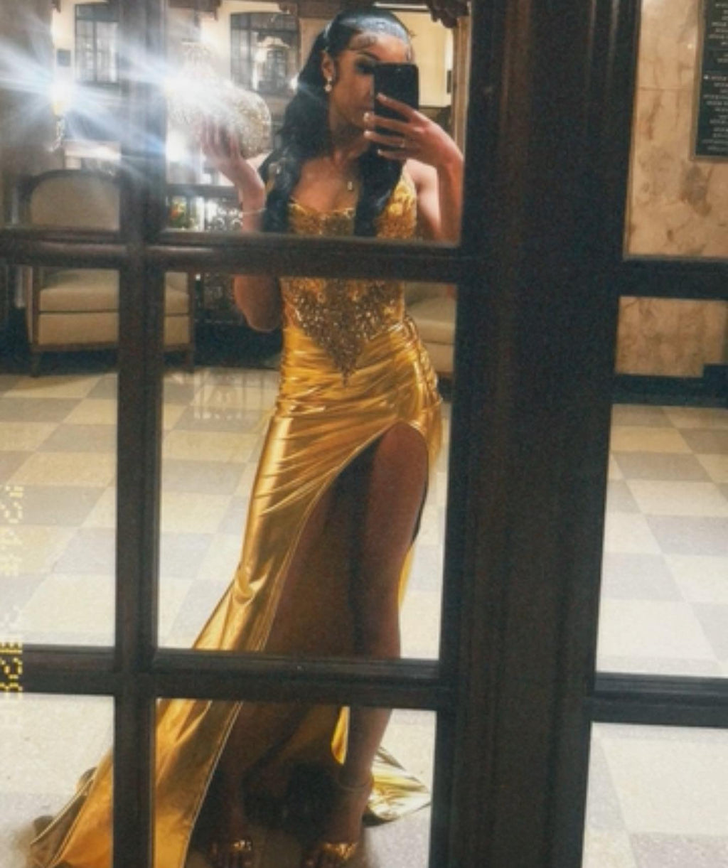 Golden Muse Beaded Satin Mermaid Prom Dress With High Slit