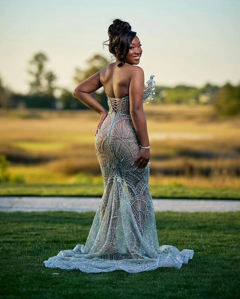 Art Deco Beaded Prom Dress With Lace Up Back And 3D Florals