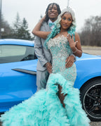 Tiffany Blue Crystal Mermaid Gown With 3D Leaf Bodice And Tiered Prom Dress